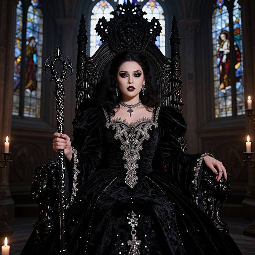 Digital illustration of a gothic queen with dark makeup, wearing a black, ornate gown and crown, holding a staff, in a dimly lit