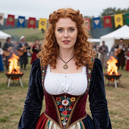 Photograph of a fair-skinned woman with curly red hair, wearing a medieval-style dark velvet dress with white blouse and floral embroidery, standing in front