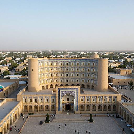 Aerial photograph of a grand, sunlit, beige, multi-story Islamic building with two cylindrical towers, intricate blue and white arches, and a