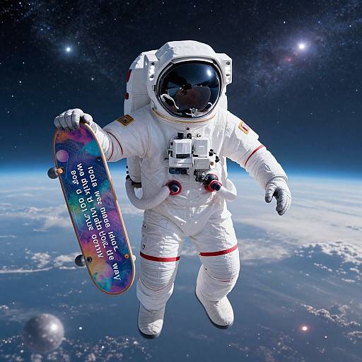 Photorealistic digital art of an astronaut in a white spacesuit with a reflective helmet, holding a colorful skateboard, floating in space with Earth below and