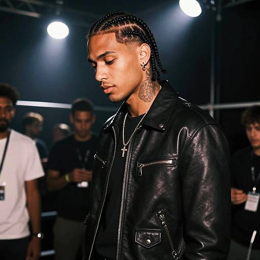 Photograph of a young Black man with braided hair, wearing a black leather jacket, standing in a dimly lit room with spotlights above,