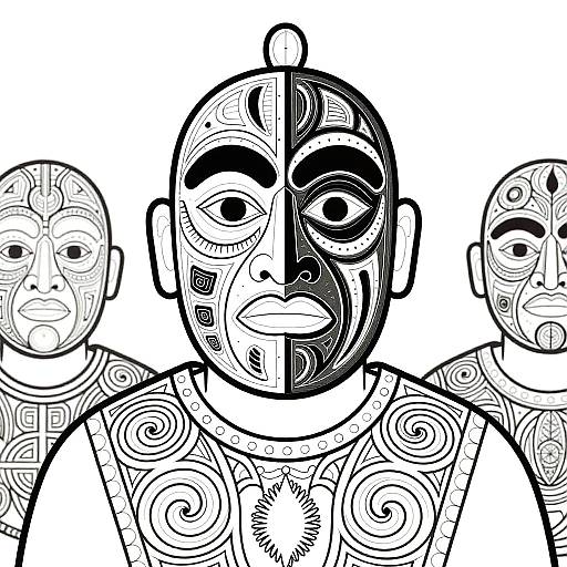 Maori and North American Face Line Art