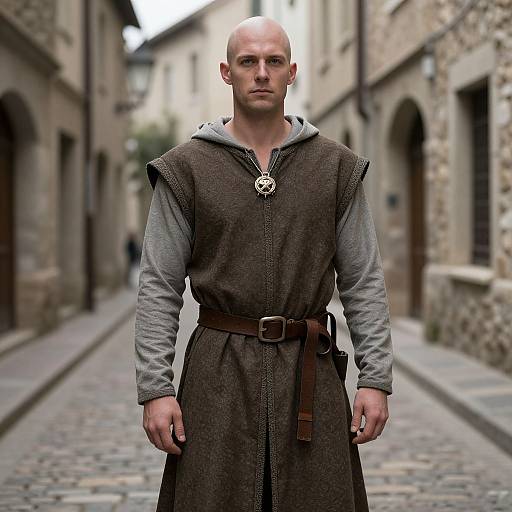 Medieval Bald Man in Narrow Street