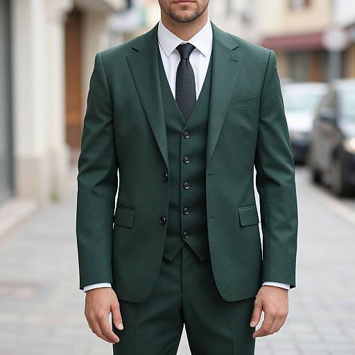 Photograph of a bearded man in a dark green three-piece suit with a white shirt and black tie, standing on a blurred urban street.