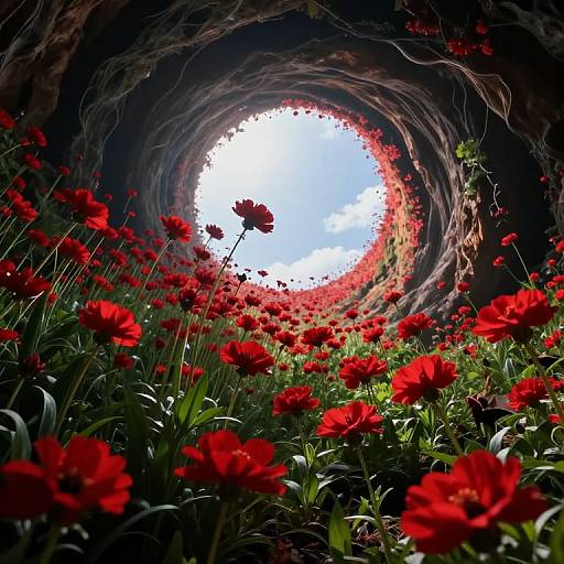 Photograph of vibrant red poppies in a dark, tunnel-like cave, with a bright blue sky and white clouds at the tunnel's circular opening.