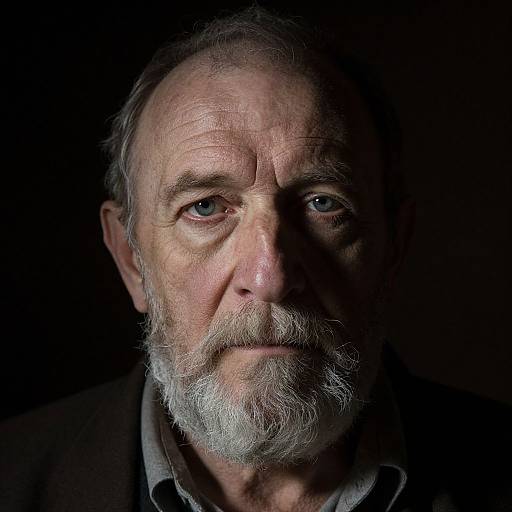 Photograph of an elderly man with a gray beard, blue eyes, and wrinkled skin, illuminated against a dark background.