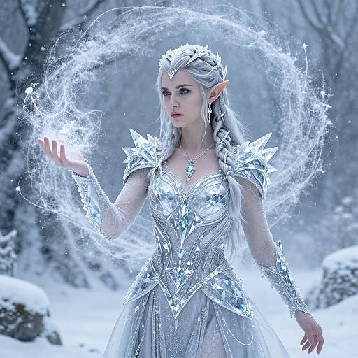 Digital fantasy artwork of a silver-haired, elf-like woman with glowing ice armor, casting a magical ice circle in a snowy forest.