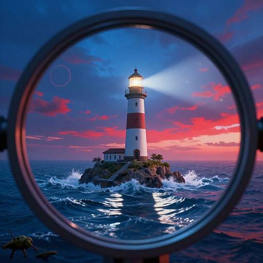Photograph: Lighthouse with white and red stripes, illuminated, reflected in a circular window against a vivid sunset sky over crashing waves.