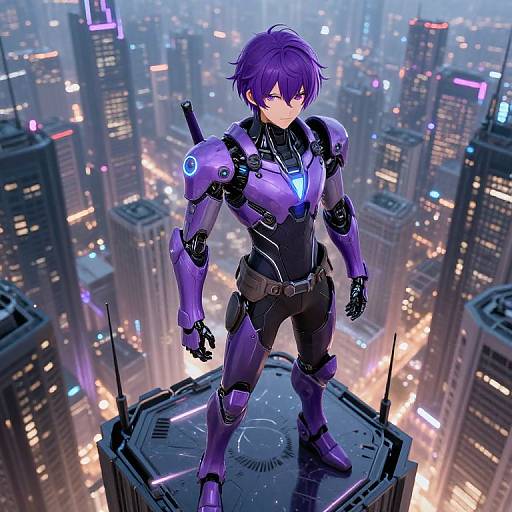 Digital anime-style artwork of a purple-haired, cybernetic male superhero with glowing blue armor, standing on a rooftop overlooking a neon-lit, futuristic