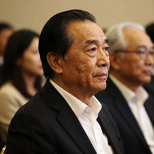 Elderly Asian Man in Black Suit Looking Sideways