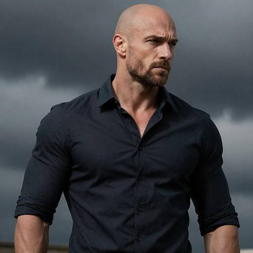 Serious Muscular Bald Man in Dark Shirt