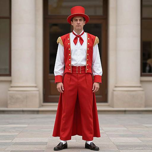 Photograph of a man in a red top hat, white shirt, red vest, and red pants with gold epaulettes, standing in front