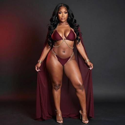 Confident Dark-Skinned Woman in Red Bikini