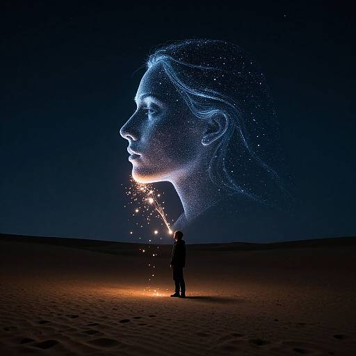 Photograph of a silhouette figure in a dark desert, holding a sparkler, illuminating a glowing, blue-lit, wireframe woman's profile