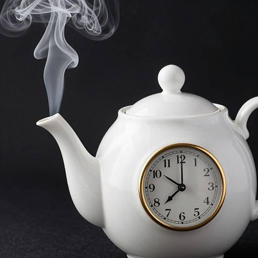 Photograph of a white ceramic teapot with a gold rim clock face, emitting wisps of smoke, against a black background.