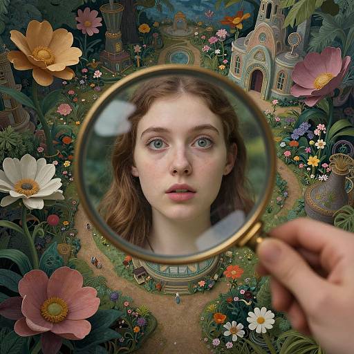Photograph of fair-skinned woman with blue eyes in magnifying glass, surrounded by vibrant flowers, colorful fantasy castle, and lush greenery.