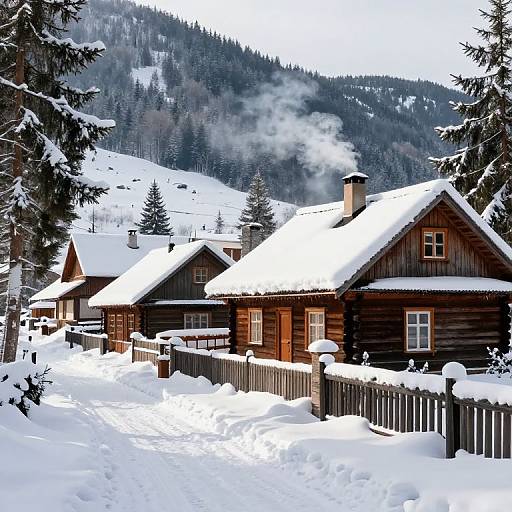 Photograph of a snowy mountain village with wooden houses, smoke rising from chimneys, surrounded by snow-covered trees and a wooden fence.