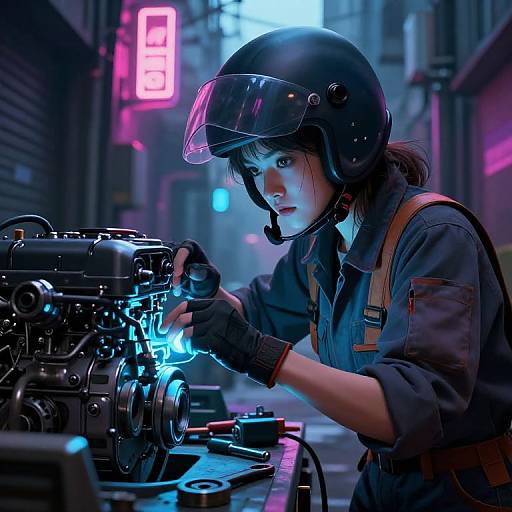 Cyberpunk-style CGI image of a focused woman in a black helmet and gloves, repairing a camera in a neon-lit alley.