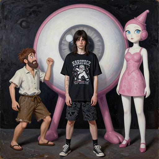 Photorealistic digital painting: Scared bearded man in tattered clothes, black-shirted boy with tattoos, and pink robot girl with blue eyes