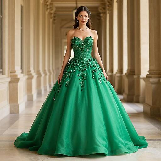 Photograph of a slender woman with dark hair in a strapless, emerald green, floral-embellished ball gown, standing in a sun