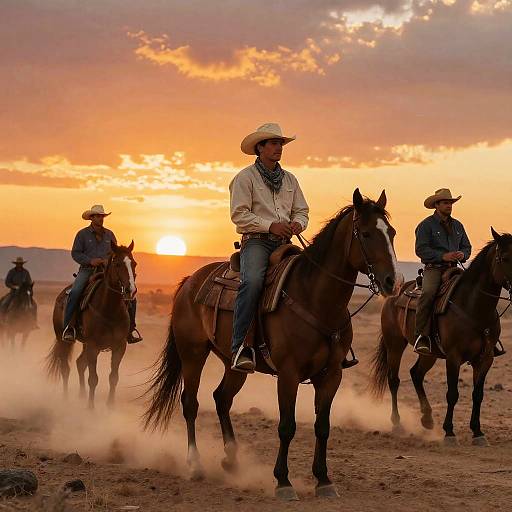 Cowboys Riding Through Desert Sunset