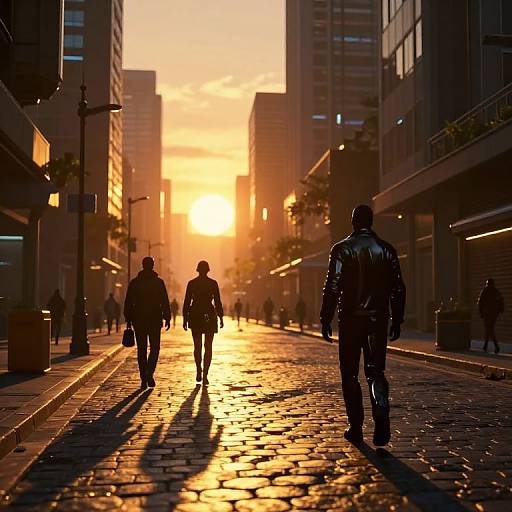 Photograph of three silhouetted men walking down a cobblestone city street at sunset, with golden sunlight casting long shadows and illuminating tall