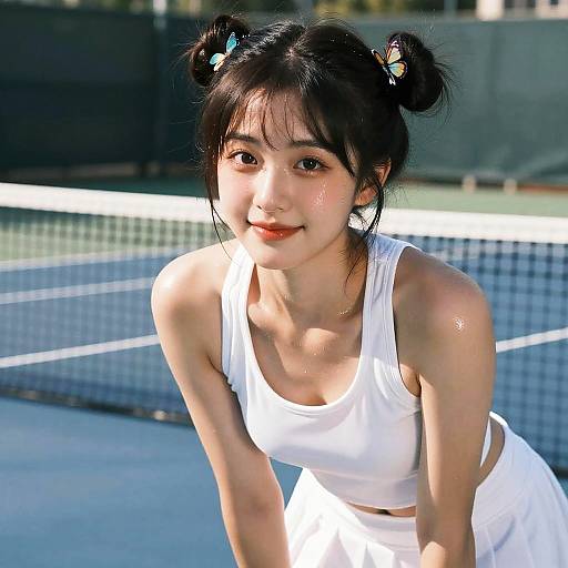 Photorealistic Blushing Tennis Girl, Glossy Skin