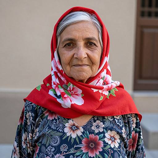 Photograph of an elderly woman with wrinkled skin, wearing a red floral headscarf and dark floral blouse, standing outdoors against a beige wall.