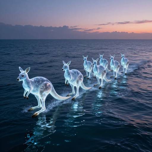 Photograph of glowing, ethereal kangaroos swimming in dark blue ocean at sunset, with a purple and orange sky in the background.
