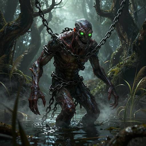 Digital artwork of a terrifying, muscular, dark-skinned monster with glowing green eyes, chains wrapped around its body, emerging from a misty, forest