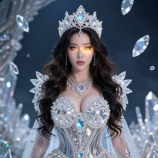 Digital artwork of a stunning, fair-skinned woman with long black hair, wearing an intricate silver and diamond-encrusted gown and crown, surrounded