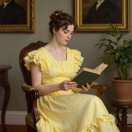 Photograph of a fair-skinned woman with dark hair in a yellow, ruffled dress, reading a book in an elegant room.