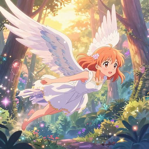 Anime Girl Soaring Over Mystical Forest
