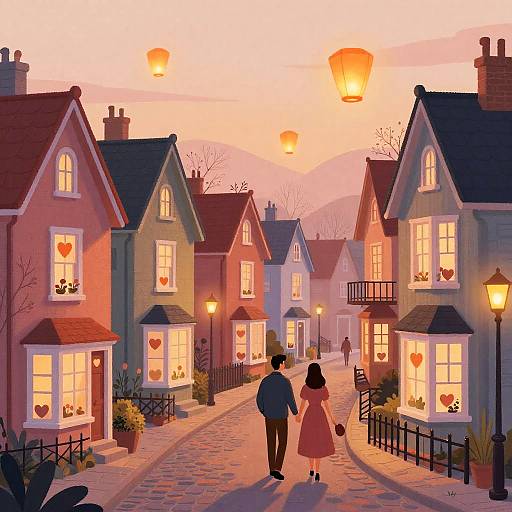 Digital illustration of a romantic sunset street with colorful houses, heart-shaped windows, and floating orange balloons. A couple walks hand-in-hand down the cobble