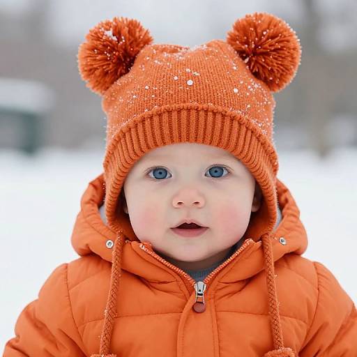 Photograph of a fair-skinned baby with blue eyes, wearing an orange knit bear-eared hat and matching orange puffy jacket, set against a