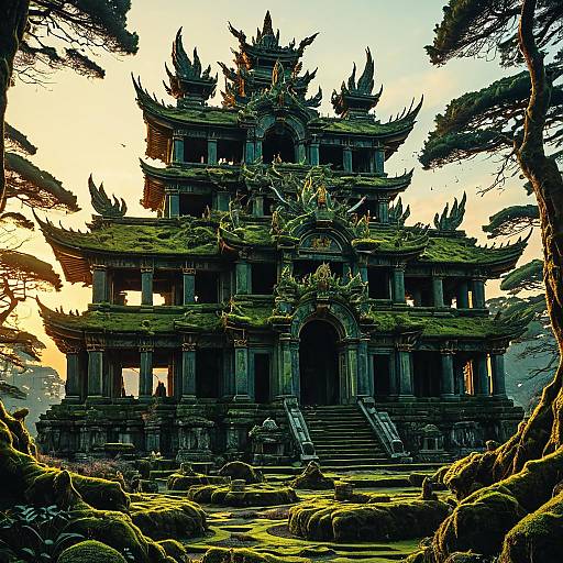 Ancient Moss-Covered Temple Ruins at Golden Hour