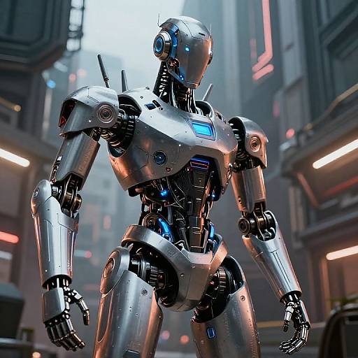CGI image of a sleek, silver robotic humanoid with blue lights, standing in a futuristic, neon-lit urban alleyway.