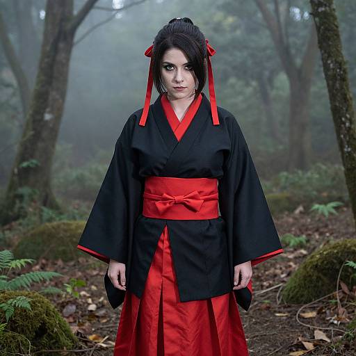 Photograph of a pale-skinned woman with dark hair in a traditional black and red kimono, standing in a misty forest.
