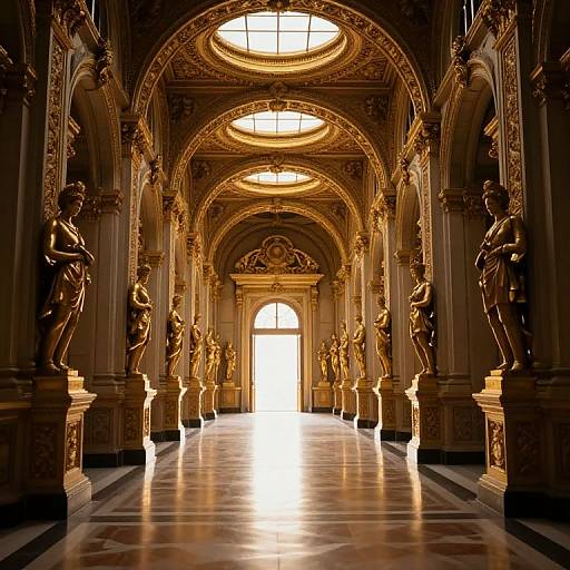 Grand Illuminated Corridor with Golden Sculptures