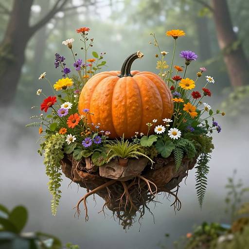 Photograph-style CGI: A vibrant orange pumpkin centerpiece with colorful wildflowers, ferns, and roots, floating above a misty forest.
