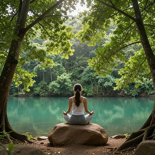 Photograph: Woman with long brown hair in white tank top and gray yoga pants sits meditating on rock, facing serene forest lake, surrounded by lush