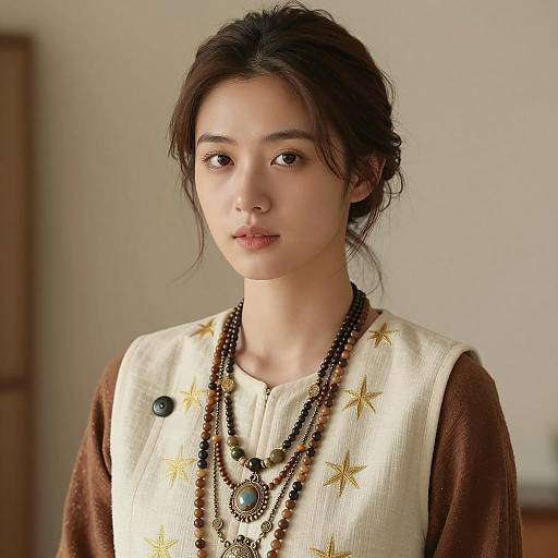 Asian Woman in Traditional Attire with Layered Necklaces