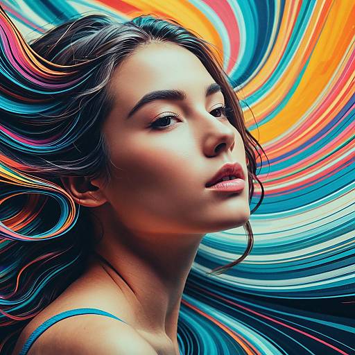 Young Woman with Flowing Colorful Lines
