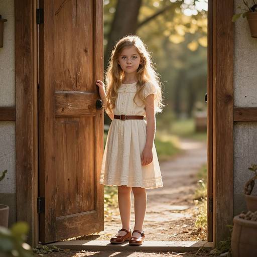 Young Girl by Sunlit Cottage Door