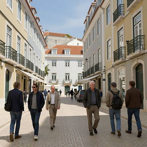 Photograph of a narrow, sunlit European street with six elderly men walking, wearing casual clothing, surrounded by pastel-colored buildings and black wrought-