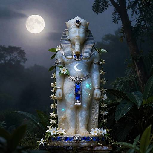 Khonsu Moon-God Statue in Jungle at Night