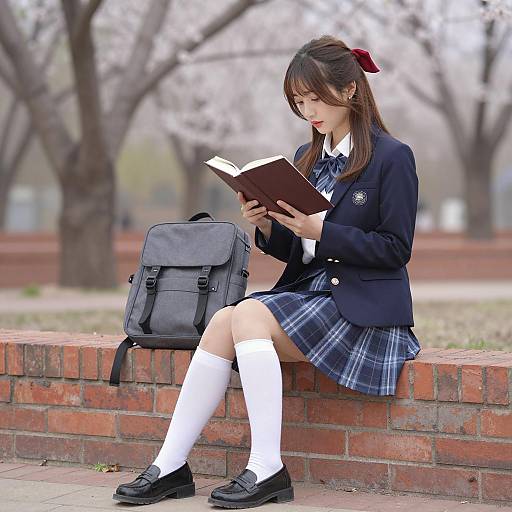 Asian Student Reading Book Outdoors