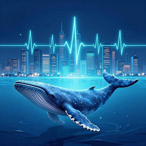 Digital artwork: Blue whale swimming in dark water with neon city skyline and electrocardiogram wave in background, creating a futuristic ocean-city fusion.