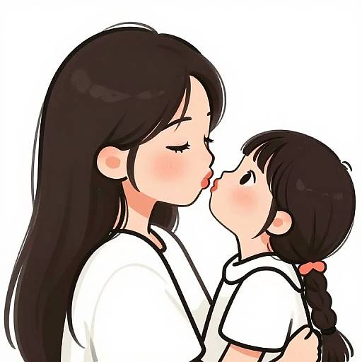 Digital anime-style drawing of two young women with long black hair, kissing softly. Both wear white shirts; the taller woman gently holds the smaller one's
