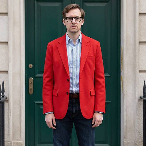 Photograph of a caucasian man with brown hair and beard, wearing black-rimmed glasses, red blazer, blue striped shirt, and